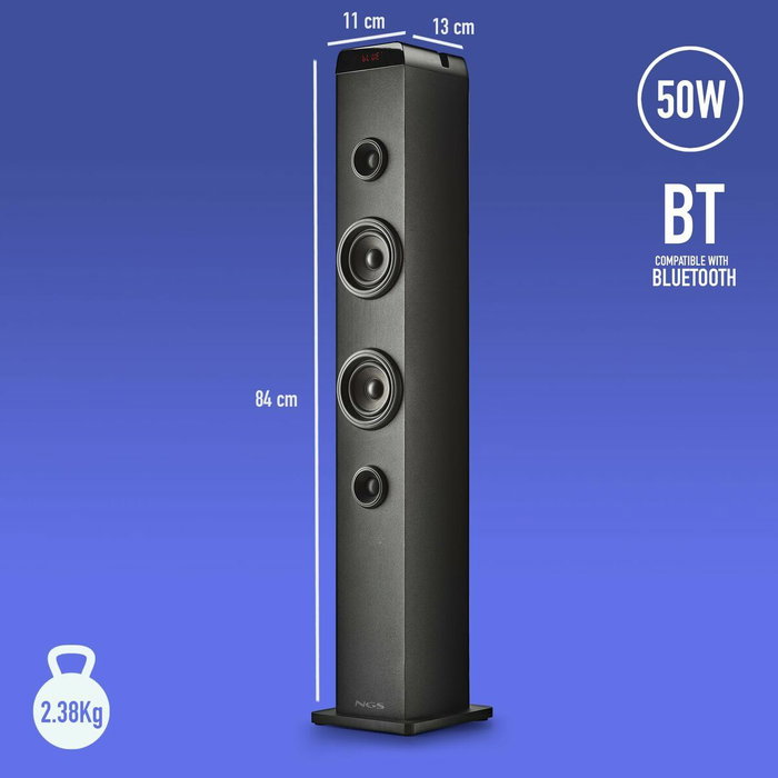 NGS SKY CHARM PRO Torre de Sonido con Bluetooth 80W 2.0 Negra con Entrada Óptica USB AUX FM y Broadcasting