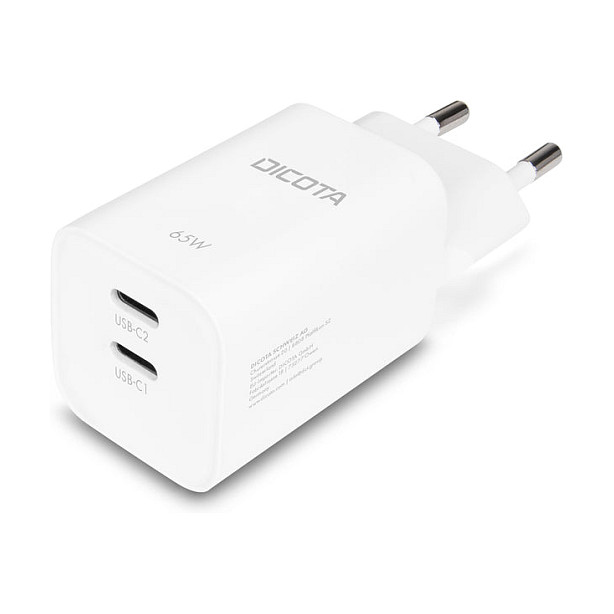 DICOTA Cargador de Pared GaN 65W con 2 Puertos USB-C, Blanco DICOTA Cargador de Pared GaN 65W con 2 Puertos USB-C, Blanco