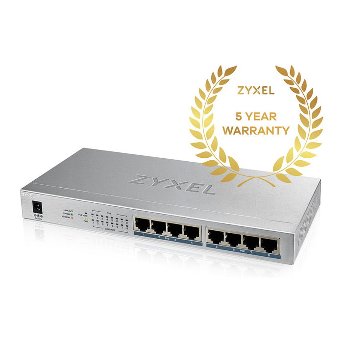 Zyxel GS-1008HP Switch Gigabit No Administrado, 8 Puertos PoE+ Todos con Alimentación, 16 Gbps, Gris
