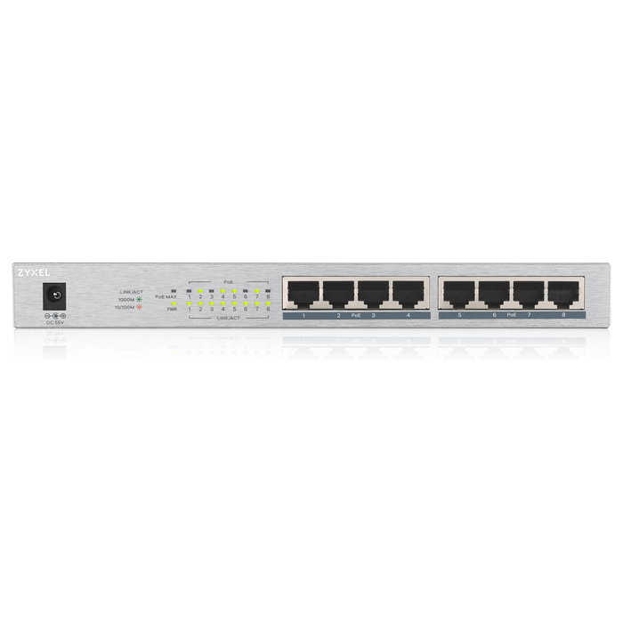 Zyxel GS-1008HP Switch Gigabit No Administrado, 8 Puertos PoE+ Todos con Alimentación, 16 Gbps, Gris