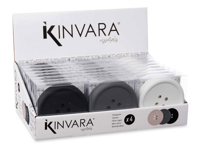 Kinvara Set 4 Posavasos Silicona Boton Color Oscuro Blanco Gris Negro 9 x 9 x 0.5 cm (Set de 48)