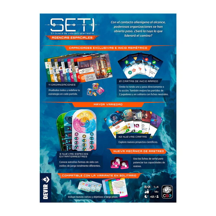 Devir | Expansión SETI: Agencias Espaciales - Juego de Mesa - Ampliación con 11 Organizaciones Asimétricas y Modo Solitario