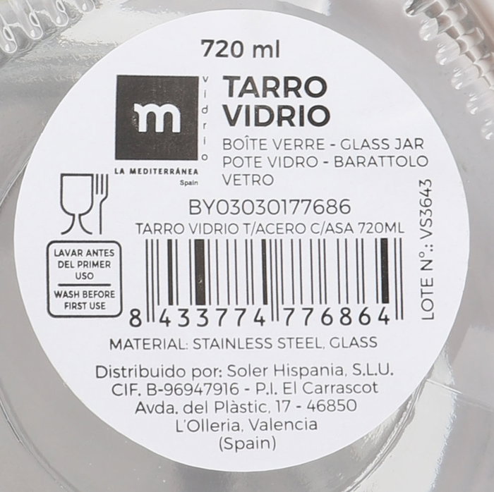 La Mediterranea Tarro de Vidrio con Tapa de Acero y Asa 720ml