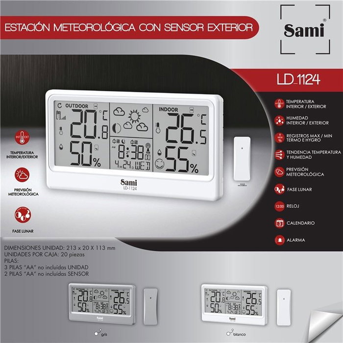 SAMI Estación Meteorológica Interior y Exterior con Pantalla LCD e Iluminación Completa