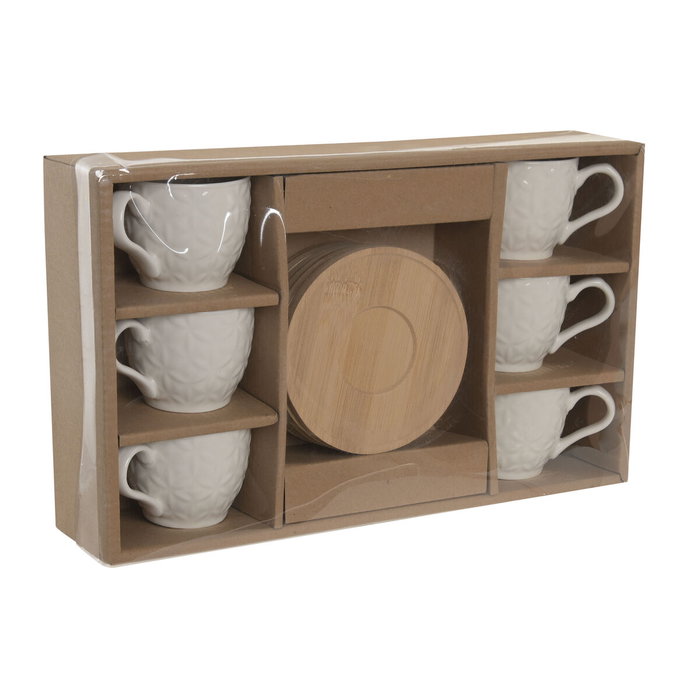DKD Home Decor Set de Café de Porcelana y Bambú, 6 Piezas, Blanco DKD Home Decor Set de Café de Porcelana y Bambú, 6 Piezas, Blanco
