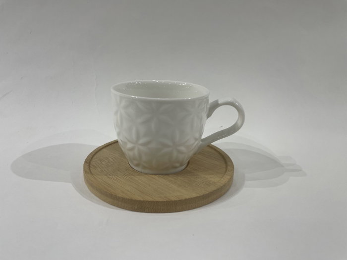 DKD Home Decor Set de Café de Porcelana y Bambú, 6 Piezas, Blanco