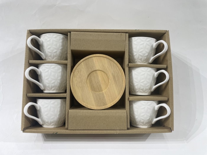 DKD Home Decor Set de Café de Porcelana y Bambú, 6 Piezas, Blanco