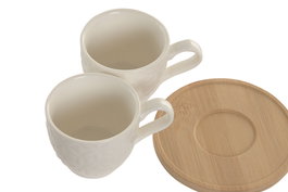 DKD Home Decor Tazas de Cafe Blancas de Porcelana y Bambu, Set de 6 Piezas, 90ml, Apto Microondas y Lavavajillas, 6.4 x 5.2 x 8.8 cm