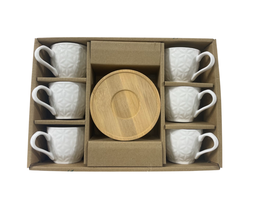 DKD Home Decor Set de Café de Porcelana y Bambú, 6 Piezas, Blanco