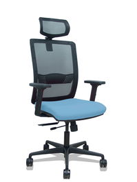 Silla de oficina Haches con mecanismo Sincro/Traslack tapizada con Tela color Azul cielo y malla color Negro. Equipada con lumbar 1D, Brazos 2D, Cabecero 2D y Ruedas 65mm nailon
