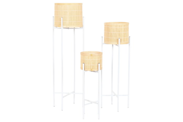 DKD Home Decor Macetero Scandi, Set de 3, Bambú y Metal, Blanco y Natural, 31 x 104 x 31 cm DKD Home Decor Macetero Scandi, Set de 3, Bambú y Metal, Blanco y Natural, 31 x 104 x 31 cm