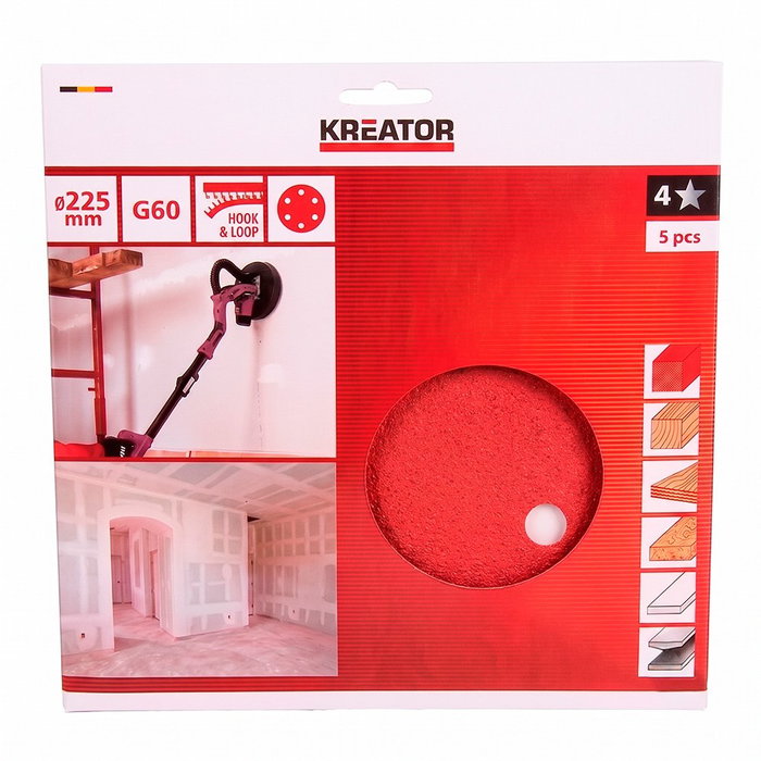Kreator Disco de lija de cartón y yeso de 225 mm, grano 60, 5 uds Kreator Disco de lija de cartón y yeso de 225 mm, grano 60, 5 uds