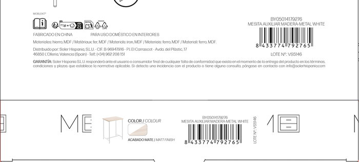 Inde Mesita Auxiliar Madera-Metal White 40x30x50 cm (4 Unidades)