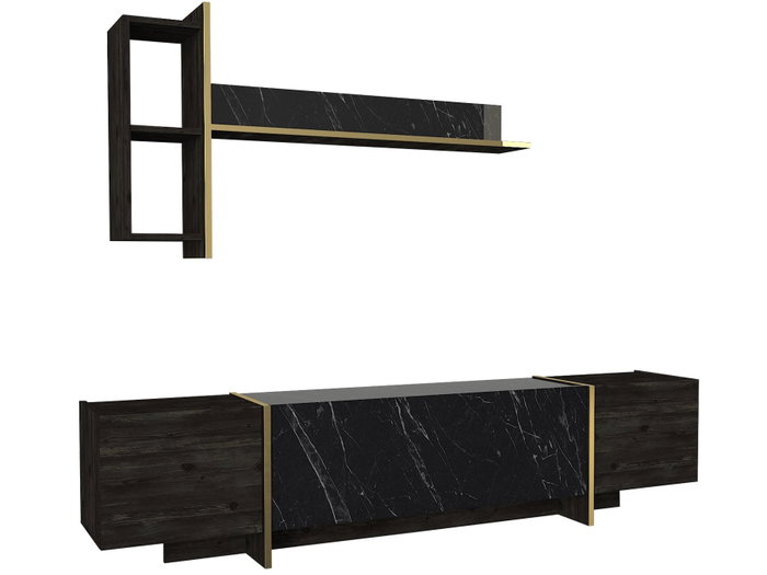 Hanah Home Veyron Set 3 Conjunto de Muebles de Salón Negro y Dorado Tablero de Partículas Melaminado 18mm