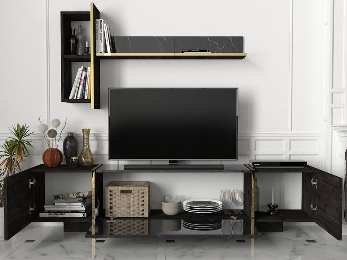 Hanah Home Veyron Set 3 Conjunto de Muebles de Salón Negro y Dorado Tablero de Partículas Melaminado 18mm
