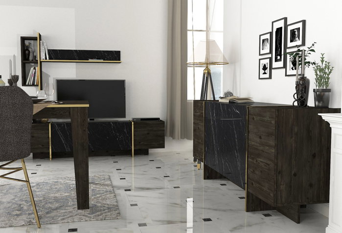 Hanah Home Veyron Set 3 Conjunto de Muebles de Salón Negro y Dorado Tablero de Partículas Melaminado 18mm