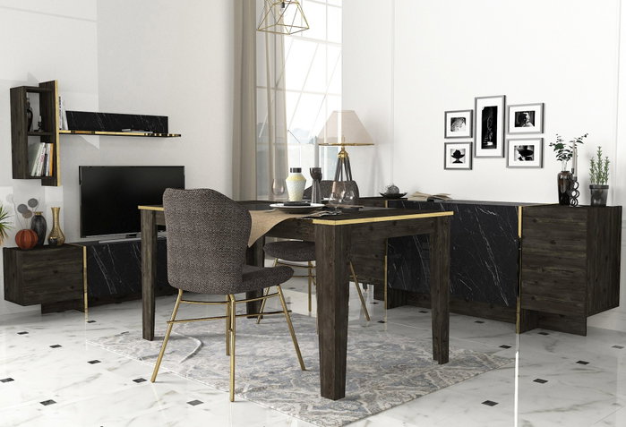 Hanah Home Veyron Set 3 Conjunto de Muebles de Salón Negro y Dorado Tablero de Partículas Melaminado 18mm