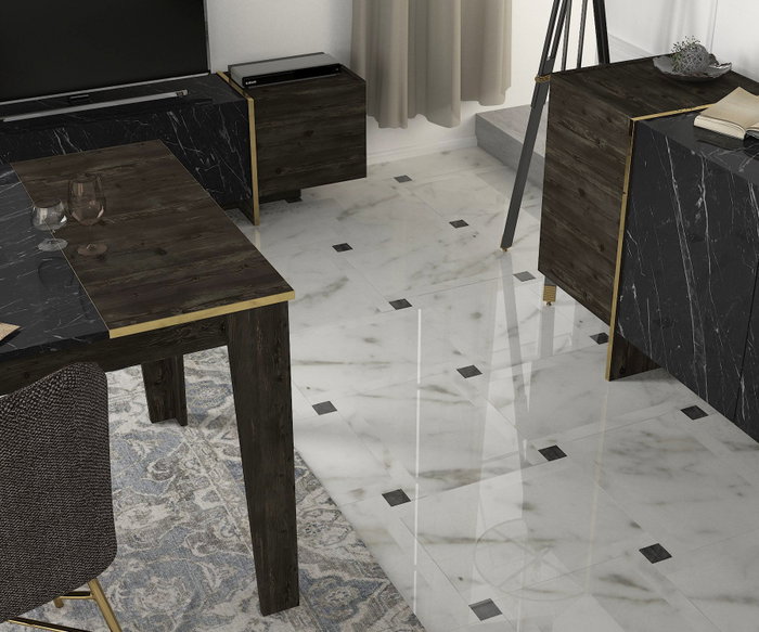 Hanah Home Veyron Set 3 Conjunto de Muebles de Salón Negro y Dorado Tablero de Partículas Melaminado 18mm