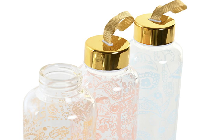 DKD Home Decor Botellas de Borosilicato Bandana Pastel Surtidas de 550ml, Pack de 3 DKD Home Decor Botellas de Borosilicato Bandana Pastel Surtidas de 550ml, Pack de 3