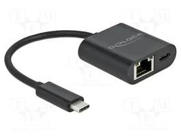 DeLOCK Adaptador USB Type-C a Gigabit LAN 10/100/1000 Mbps con Power Delivery 60W - Negro
