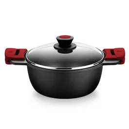 BRA Premiere Cacerola A410324 Aluminio Fundido 24 cm 4 L Alta, Antiadherente Teflon, Apta Inducción y Horno, Incluye Tapa de Cristal, Color Negro/Rojo
