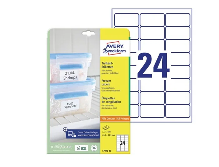 Avery Etiquetas Adhesivas para Congelador Blancas 63,5 x 33,9 mm Ink-jet Láser Fotocopiadora Pack 600 Unidades