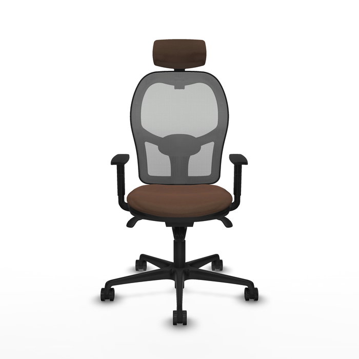 Silla de oficina Jorquera con mecanismo Sincro tapizada con Tela color Marrón oscuro y malla color Gris. Equipada con lumbar 1D, Brazos 1D, Cabecero 2D y Ruedas 65mm nailon Silla de oficina Jorquera con mecanismo Sincro tapizada con Tela color Marrón oscuro y malla color Gris. Equipada con lumbar 1D, Brazos 1D, Cabecero 2D y Ruedas 65mm nailon