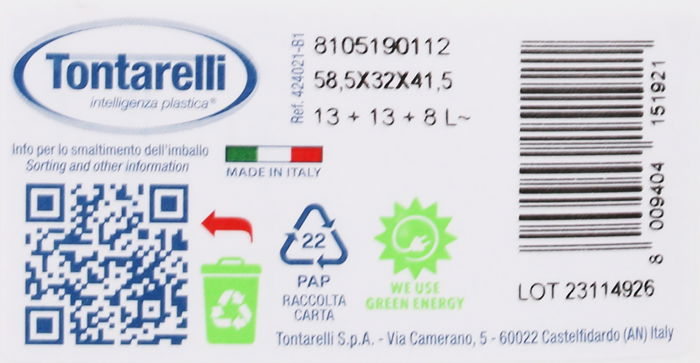 Tontarelli Cubo Basura Triple Patty Blanco con Tapa 40L 58.5x32x41.5 cm (4 Unidades)