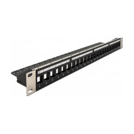 DeLOCK Patch Panel Keystone de 19″ 24 Puertos con Barra de Alivio de Tensión Negro/Plata