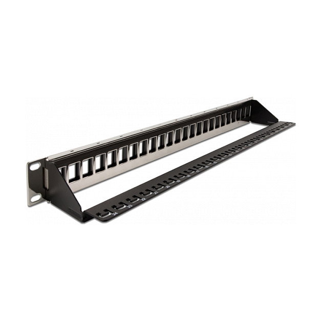 DeLOCK Patchpanel Keystone 19″ 24 Puertos con Barra de Alivio de Tensión, Negro/Plata