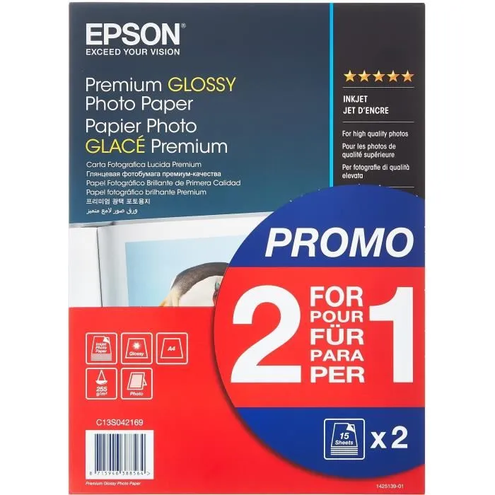 Epson Premium Glossy Photo Paper A4, 2x 15 Hojas, 255 g/m²