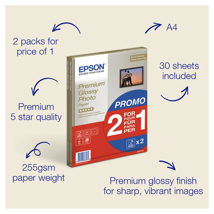 Epson Premium Glossy Photo Paper A4, 2x 15 Hojas, 255 g/m²