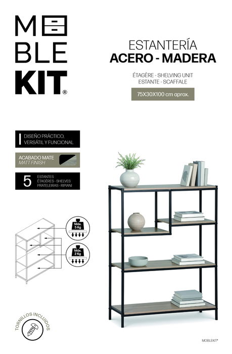 Inde Estantería Multiusos Madera-Metal 75x30x100 cm