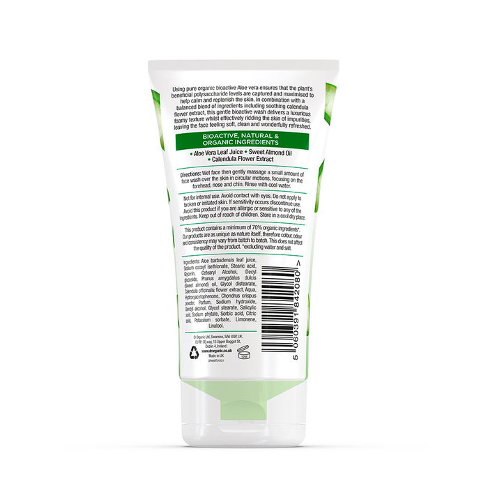 Dr. Organic Limpiador Facial Aloe Vera 150 ml para Todo Tipo de Piel - Suave, Calmante, con Caléndula - Cruelty Free y Vegano
