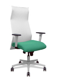 Sillón Albacete con mecanismo Sincro tapizada con Tela color Verde esmeralda y malla color Blanco. Equipado con Base poliamida blanca, Brazos 1D y Ruedas 65 mm parqué