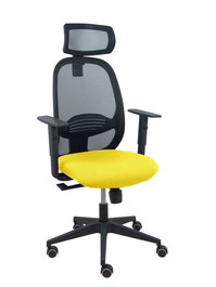 Silla de oficina Cilanco con mecanismo Sincro tapizada con Tela color Amarillo y malla color Negro. Equipada con lumbar 1D, Brazos 1D, Cabecero 2D y Ruedas de parqué