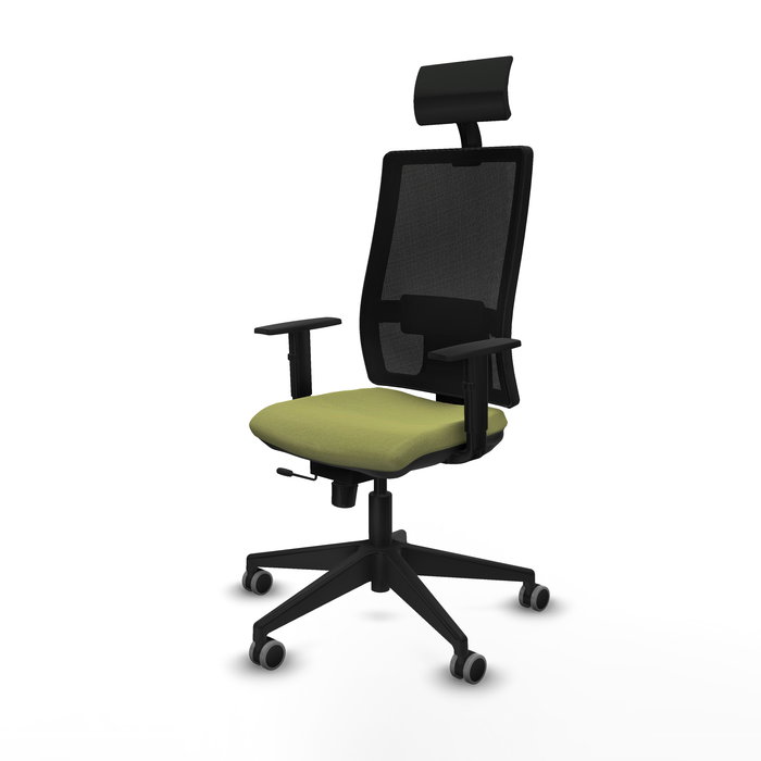 Silla de oficina Horna con mecanismo Sincro/Traslack tapizada con Tela color Verde oliva y malla color Negro. Equipada con lumbar 1D, Brazos 1D, Cabecero Fijo y Ruedas 65 mm parqué
