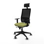 Silla de oficina Horna con mecanismo Sincro/Traslack tapizada con Tela color Verde oliva y malla color Negro. Equipada con lumbar 1D, Brazos 1D, Cabecero Fijo y Ruedas 65 mm parqué