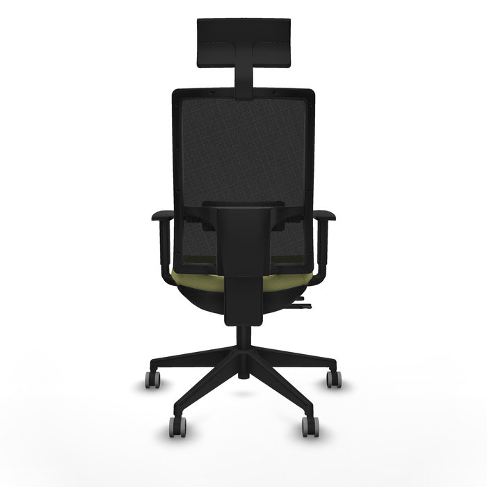 Silla de oficina Horna con mecanismo Sincro/Traslack tapizada con Tela color Verde oliva y malla color Negro. Equipada con lumbar 1D, Brazos 1D, Cabecero Fijo y Ruedas 65 mm parqué
