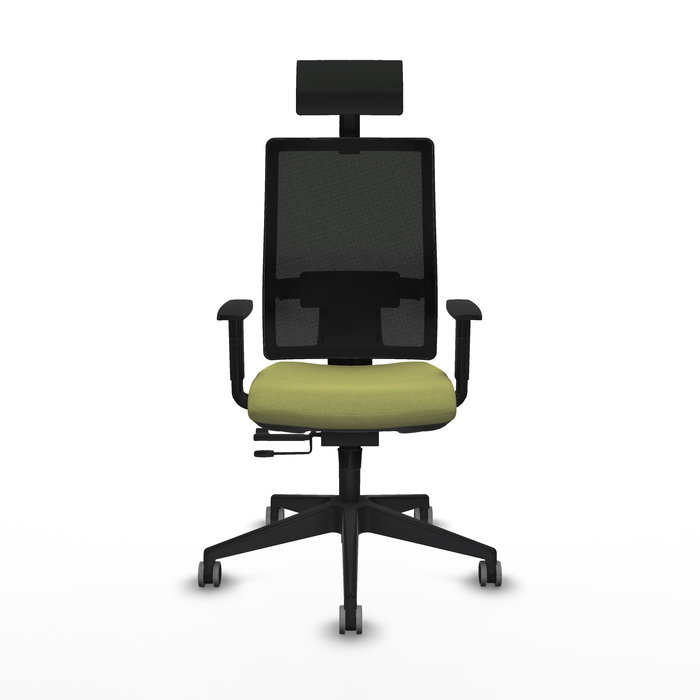 Silla de oficina Horna con mecanismo Sincro/Traslack tapizada con Tela color Verde oliva y malla color Negro. Equipada con lumbar 1D, Brazos 1D, Cabecero Fijo y Ruedas 65 mm parqué