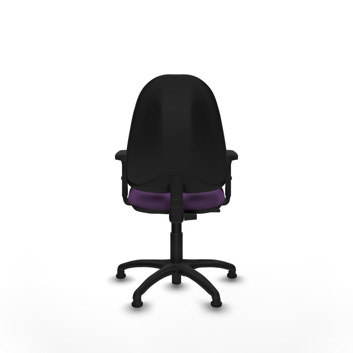 Silla de oficina Algarra con mecanismo Contacto permanente básico tapizada con Tela color Morado. Equipada con Base poliamida negra, Brazos 2Dy Topes