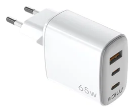 Celly UPTC1USB2USBC65 Cargador de Pared GaN 65W, 2 Puertos USB-C + 1 USB-A, Blanco, para Smartphone y Tableta