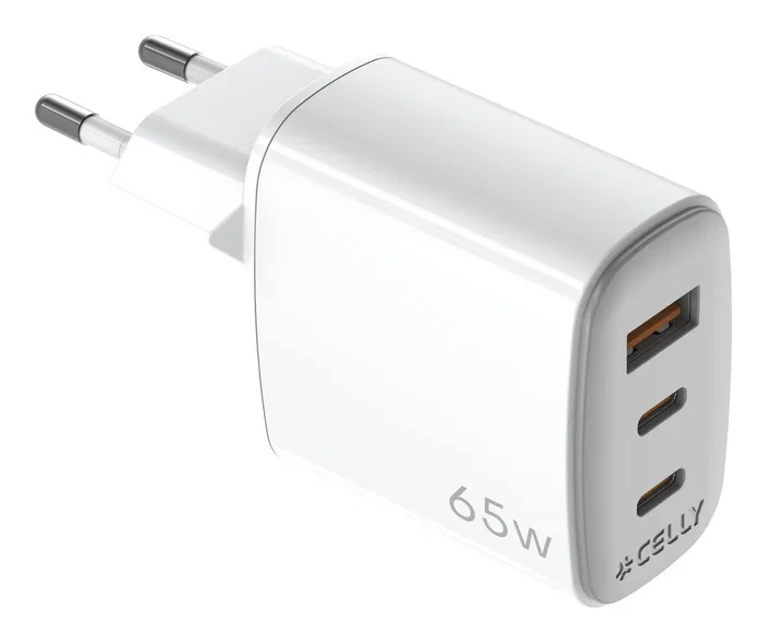 Celly UPTC1USB2USBC65 Cargador de Pared GaN 65W, 2 Puertos USB-C + 1 USB-A, Blanco, para Smartphone y Tableta