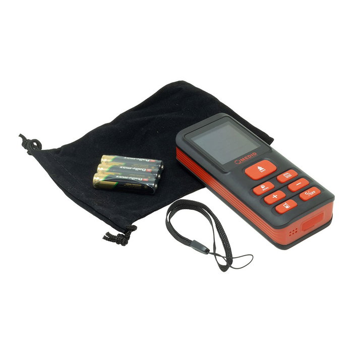 Medid Medidor distancia láser rojo 40 m con cálculo áreas, volúmenes, pitágoras, 99 registros memoria, bolsa y pilas AAA Medid Medidor distancia láser rojo 40 m con cálculo áreas, volúmenes, pitágoras, 99 registros memoria, bolsa y pilas AAA
