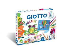 Set Juego Giotto Art Lab Magic Neon 12X Giotto Cera Bicolor 4X Giotto Pasteles En Colores Fluo (Amarillo, Rosa, Naranja Y Verde) 1X Giotto Collage Glue 120G 1X Tijera 1X Bloc De Cartulina Iris Canson Neon En Formato A4 Con 20 Hojas En Colores Neon (Amaril