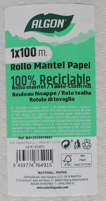 Algon Rollo Mantel Blanco 11,5 cm x 99 cm x 11,5 cm (6 Unidades)