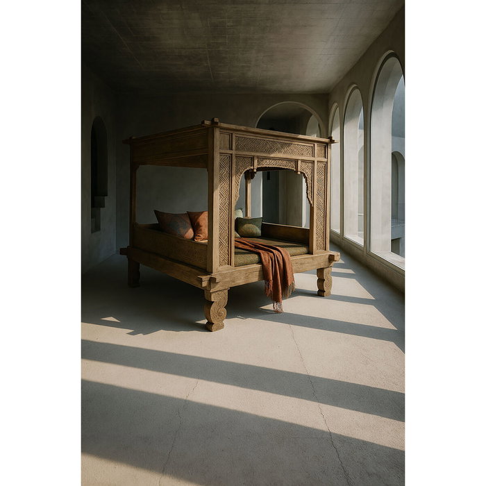 DKD Home Decor Cama con Dosel de Teca Tallada Decapé Natural