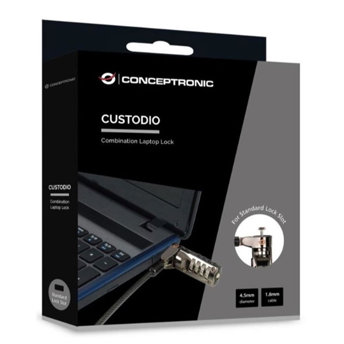 Conceptronic CUSTODIO01BS Candado con Cable de Seguridad para Portátil - Cable de 1.8 m, Combinación de 4 Dígitos, 4.5 mm de Diámetro, Color Negro