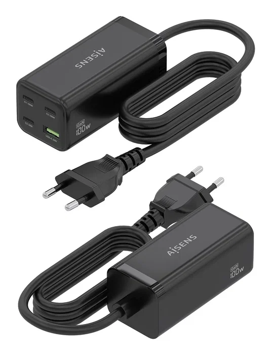 AISENS Cargador de Sobremesa GaN 100W con 3xUSB-C y 1xUSB-A, Negro