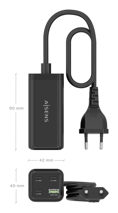 AISENS Cargador Sobremesa GaN 100W, 3x USB-C PD3.0 QC4.0 QC5.0, 1x USB-A QC3.0, Negro